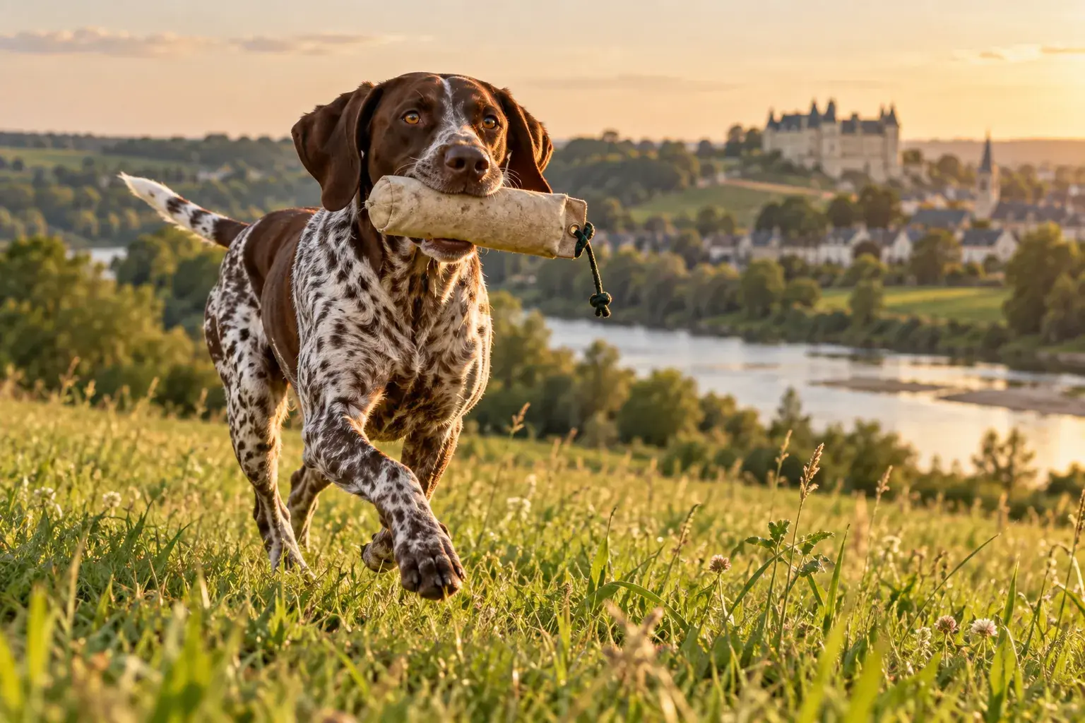 Een staande hond rent met een apporteerdummy door het gras
