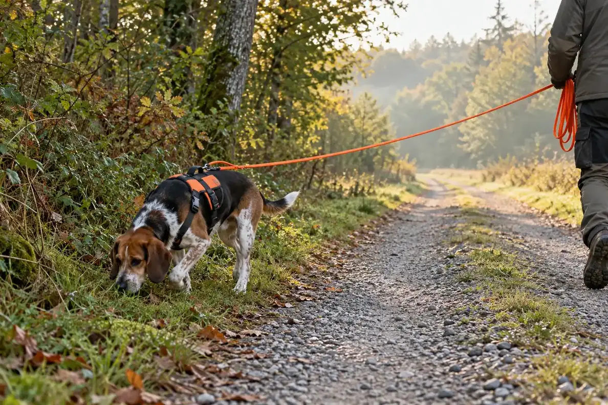 Een hond in tuig volgt een geurspoor op een bospad