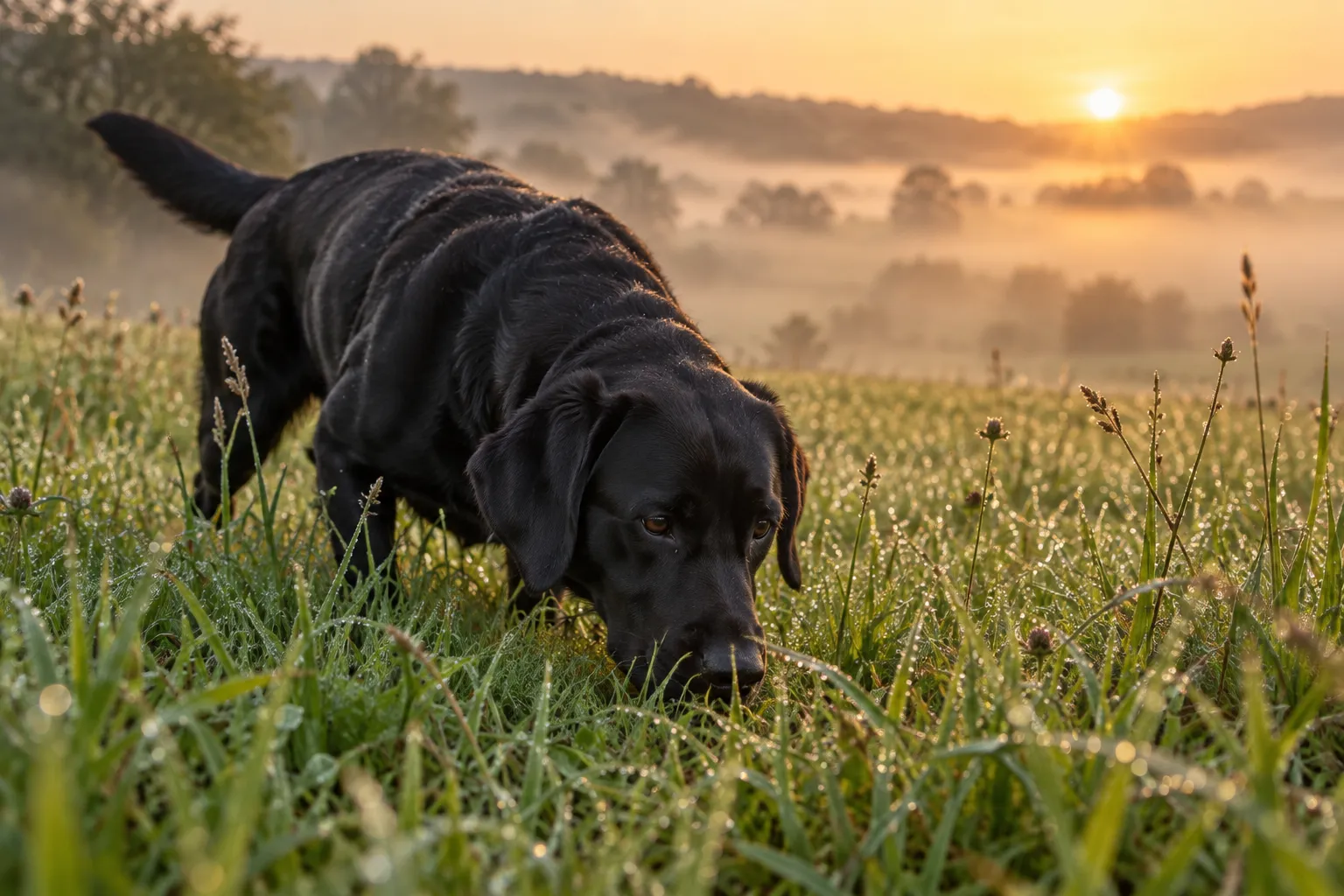 Een labrador snuffelt in het gras